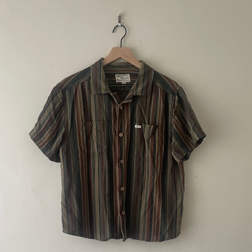 RVCA Short-Sleeve Vertical Stripe Button-Up in Brown and Olive